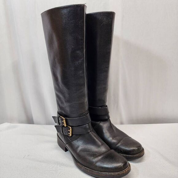 J. Crew Womens 6.5 Black Leathr Side Zipper Double Buckle Riding Boots - Picture 1 of 14